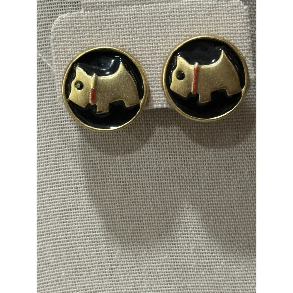 Vintage Black Enamel Dog Button Earrings Gold Tone‎ Accent Red Collar READ
